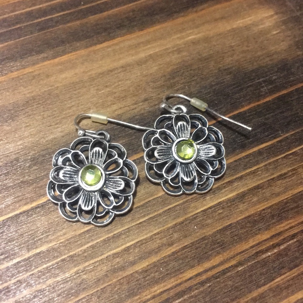 Silver and green dangle earrings